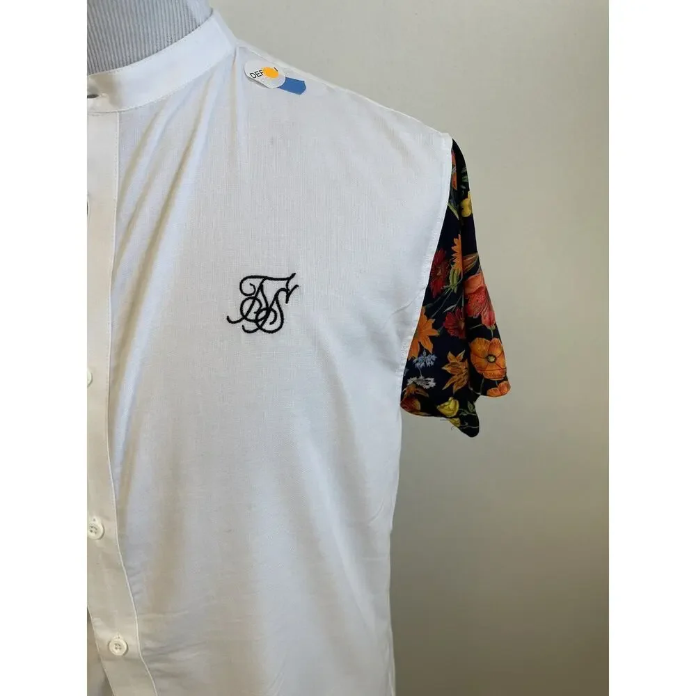 SikSilk Shirt Mens Small Button Up White Floral Sik Silk Short Sleeve N32